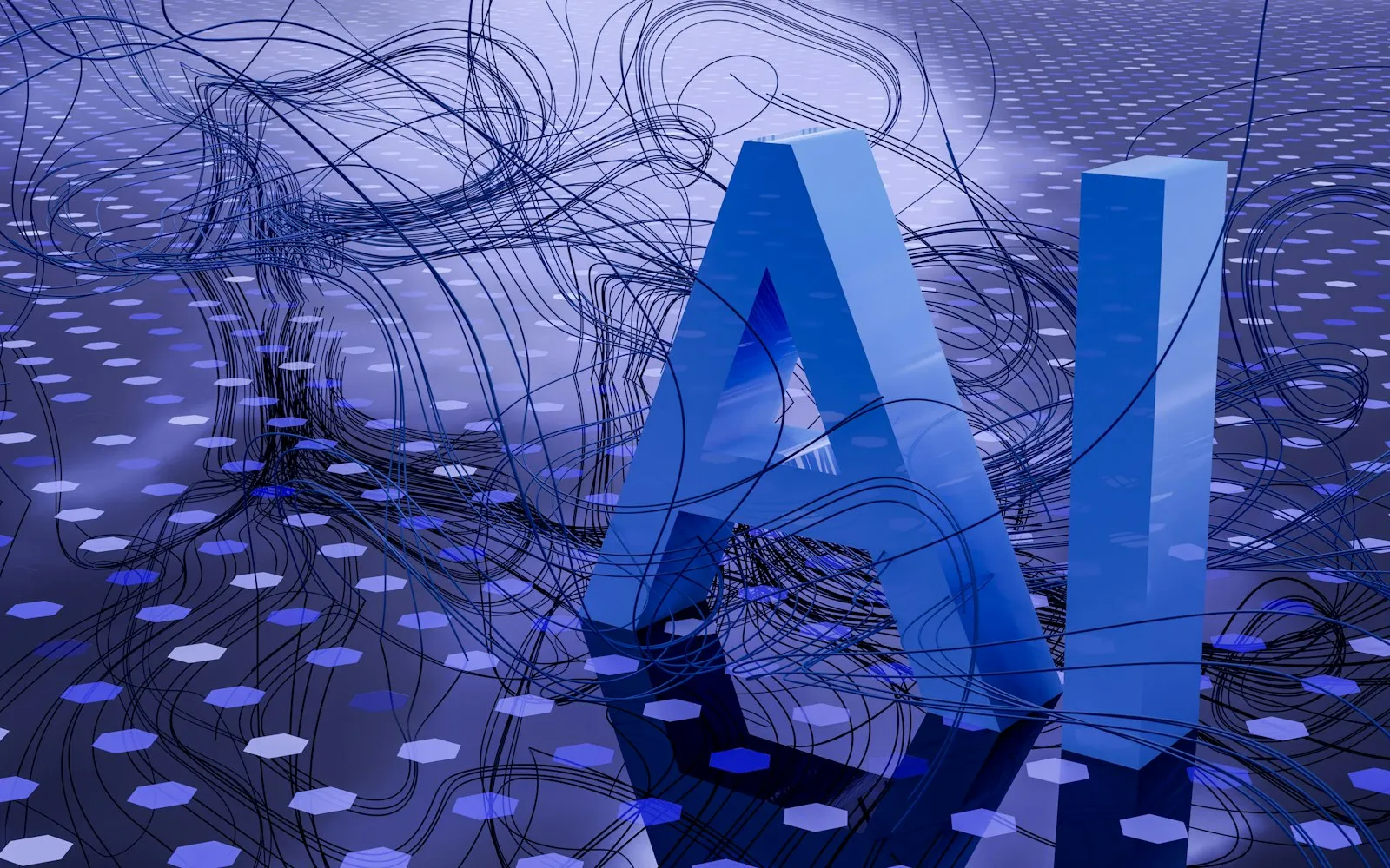 Abstract render of glowing data pathways in blue and violet